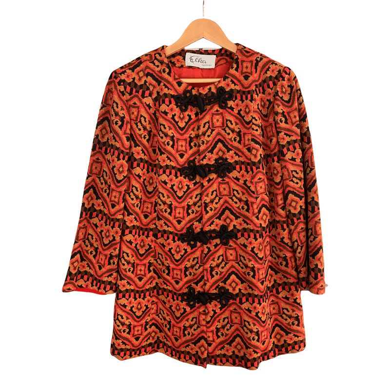 Elka Couture Vintage Coat Autumn Tones Pattern with Black Pankou Knots UK Size 14 - Ava & Iva