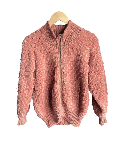 Vintage Handmade Wool Coral Long Sleeved Bomber Style Cardigan UK Size 16 - Ava & Iva