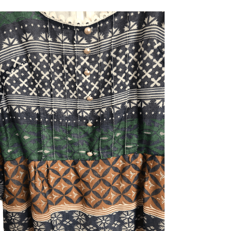 Vintage 70s Unbranded Cotton Puff Half Sleeve Maxi Dress Blue Green Multi Block Print UK Size 10 - Ava & Iva