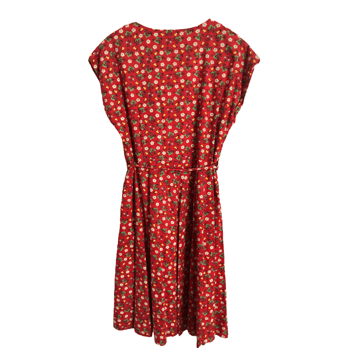 Cotton City Vintage 100% Cotton Short Cap Sleeve Belted Tea Dress Red Multi Floral Print UK Size 16-18 - Ava & Iva