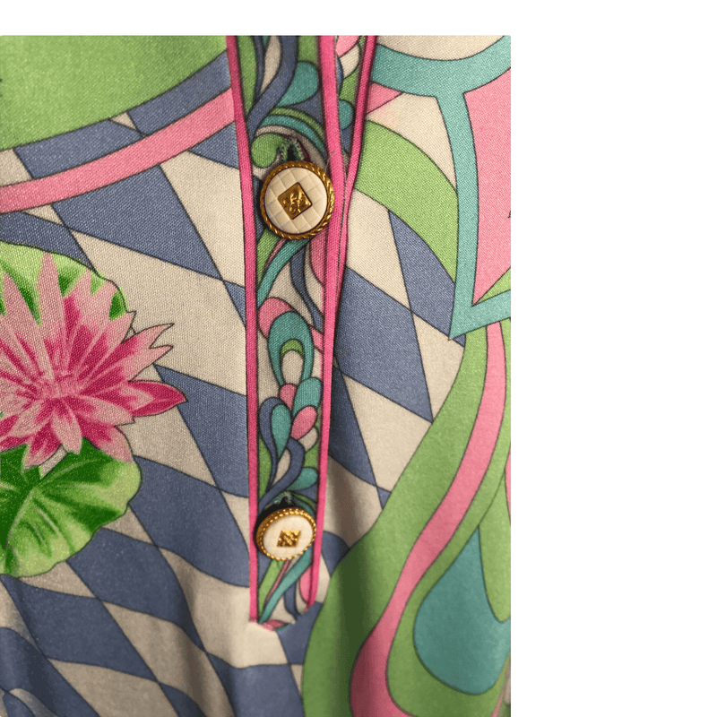 Botto Vintage Stretch Jersey Short Sleeve Midi Shirt Dress in Pink Blue Multi Floral Geometric Print UK Size 18 - Ava & Iva