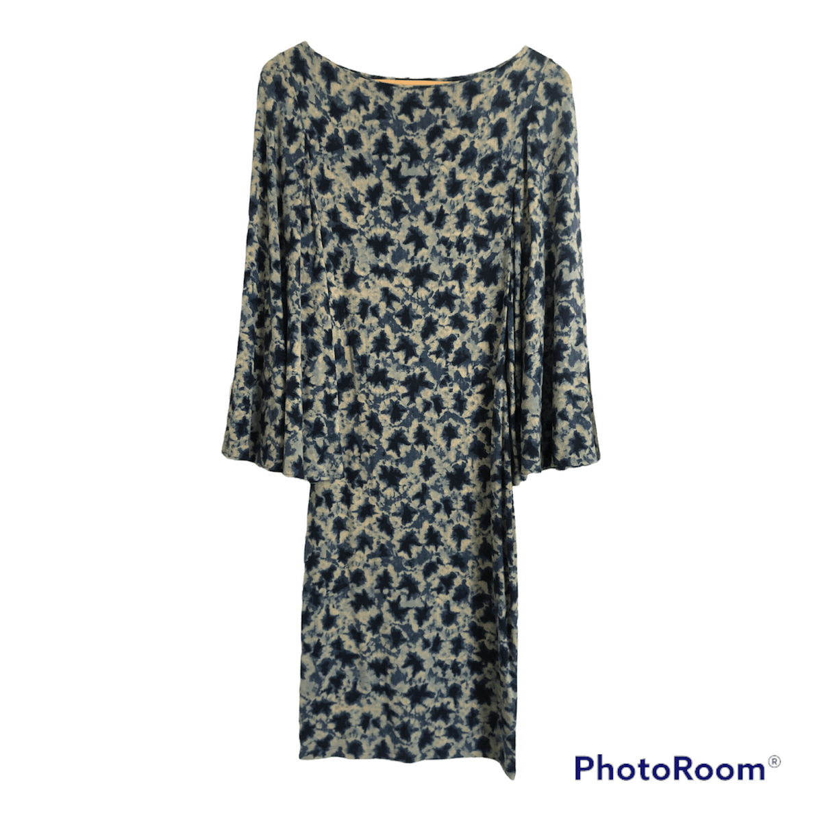 Isabel de Pedro Stretch Jersey Bell Sleeve Midi Dress Blue / Cream Print UK Size 6 - Ava & Iva
