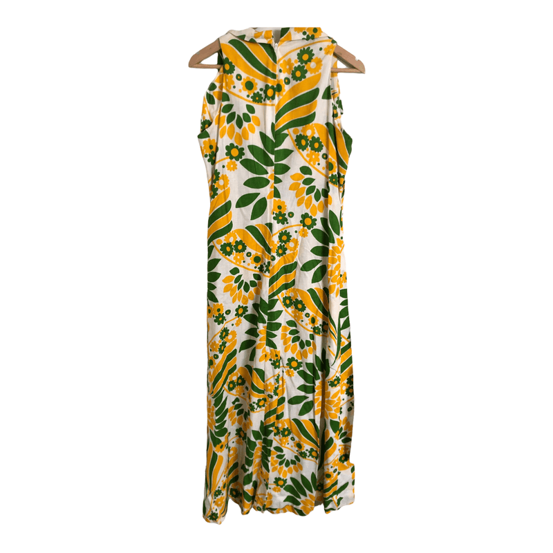 Vintage 70s Shampers Cotton Sleeveless A-Line Shirt Maxi Dress White Yellow Green Blue Floral Print UK Size 14 - Ava & Iva