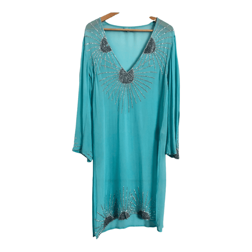Papillon Bleu 100% Silk Long Sleeved Kaftan Dress Light Blue Sequinned Size M - Ava & Iva