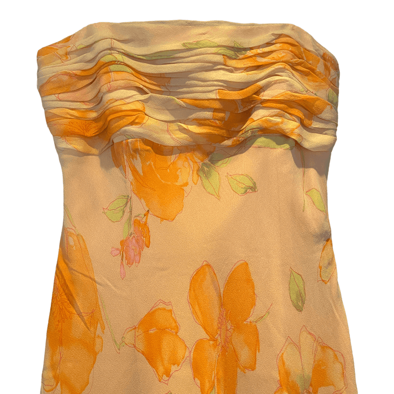 David Meister Strapless Full Length Silk Dress Orange Floral Print. Size 8 - Ava & Iva
