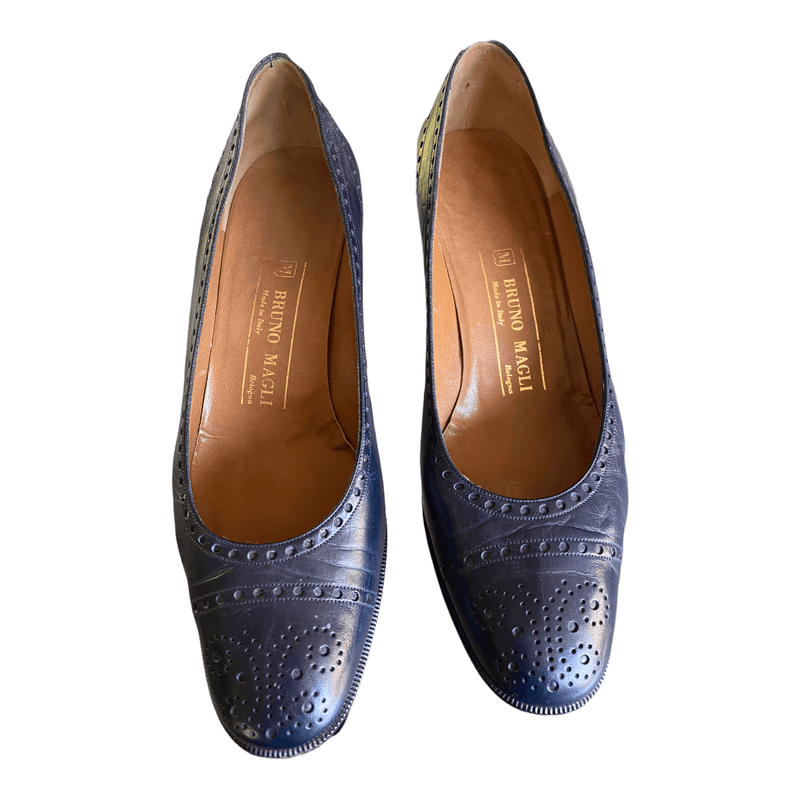 Bruno Magli Shoes Leather shoes dark blue brogue block heel Size 38 - Ava & Iva
