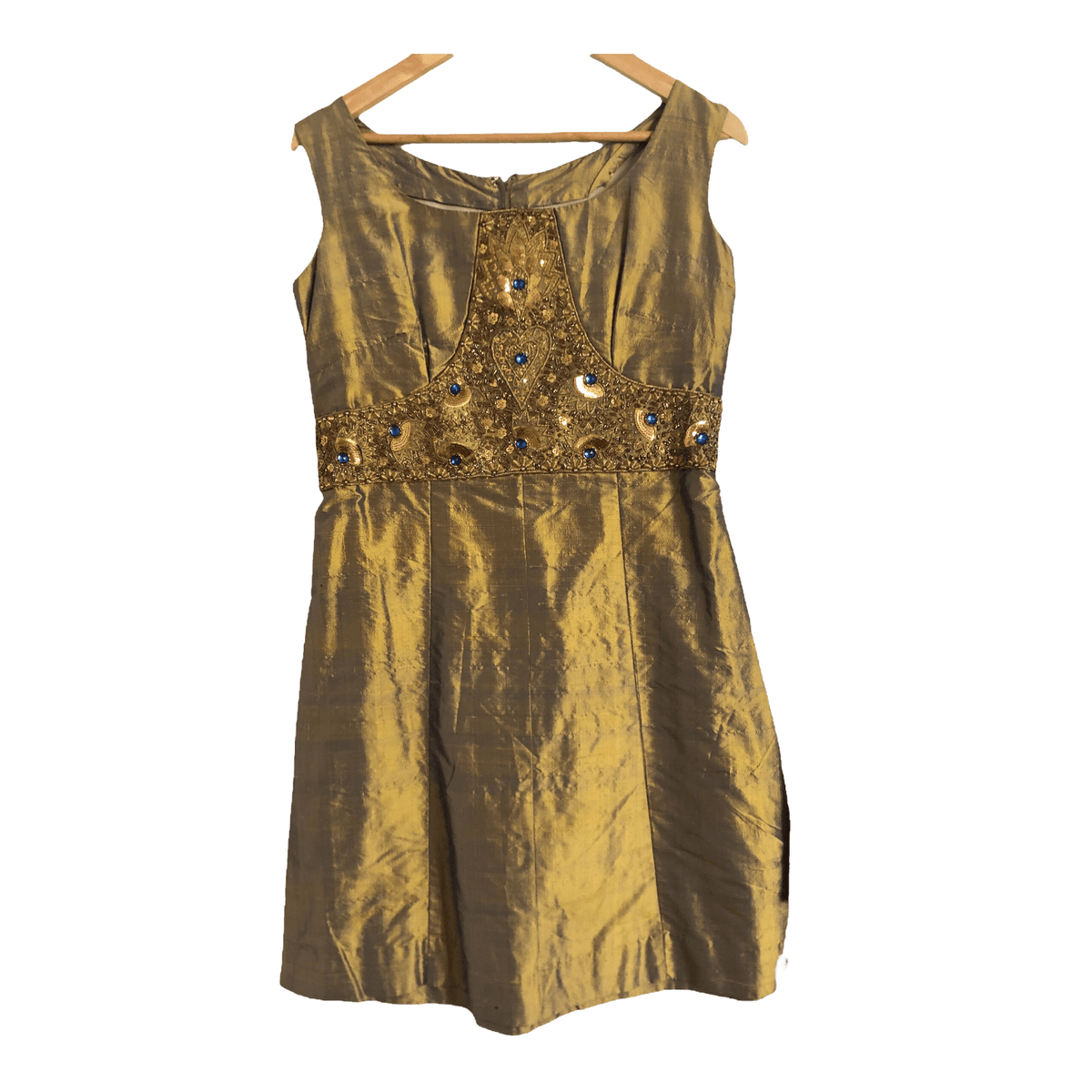 Unbranded Raw Silk Sleeveless Summer Dress Gold Embellished Est. UK Size 14 - Ava & Iva