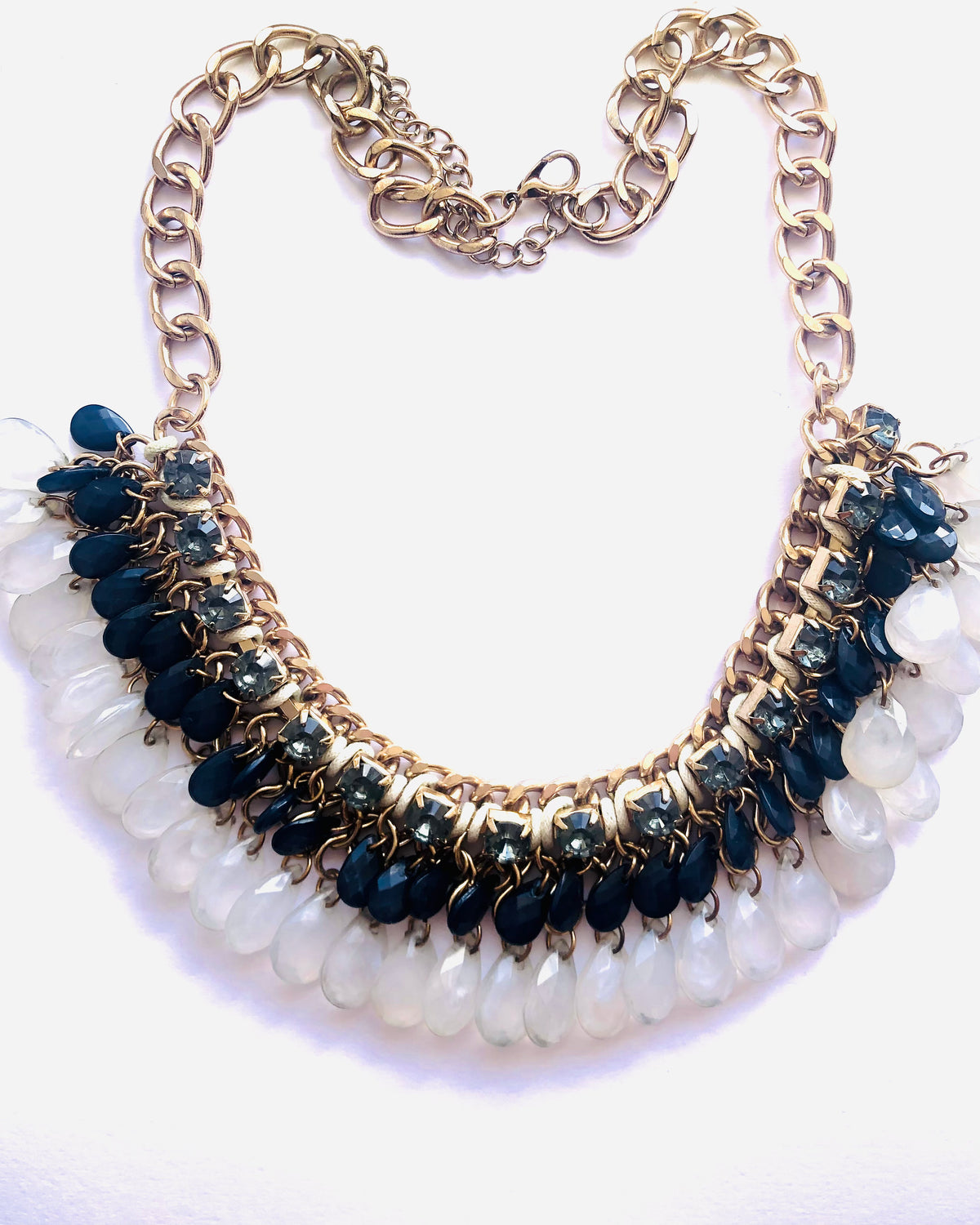Vintage Navy Blue / Ivory White Crystal and Smoky Zirconia Gold Tone Curb Chain Drop Necklet Necklace - Ava & Iva