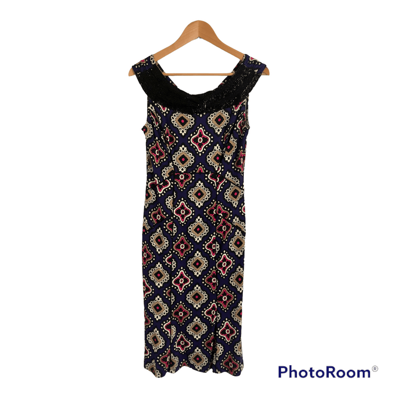 DVF 100 Silk Sleeveless Beaded Shift Dress Blue Multi Geometric