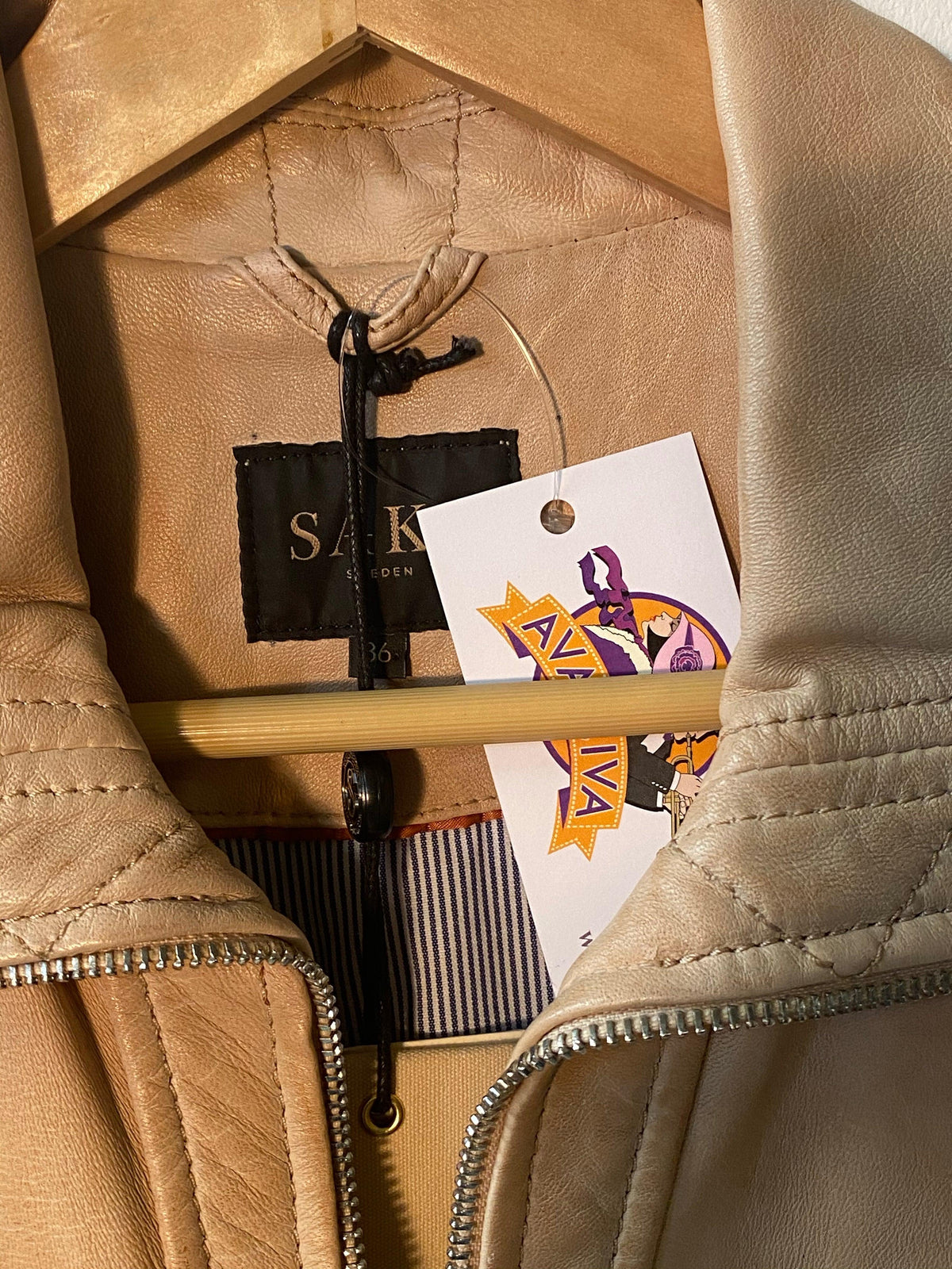 Saki Sweden "Gella" Biker Jacket Beige Leather Size 36 (UK10) BNWT - Ava & Iva