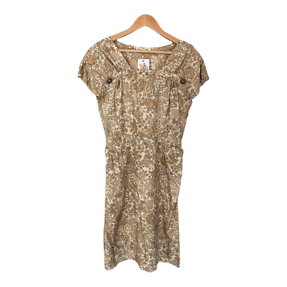 Chanelle Vintage Silk Dress Cap Sleeves Brown Floral with Belt UK Size 10/12 - Ava & Iva