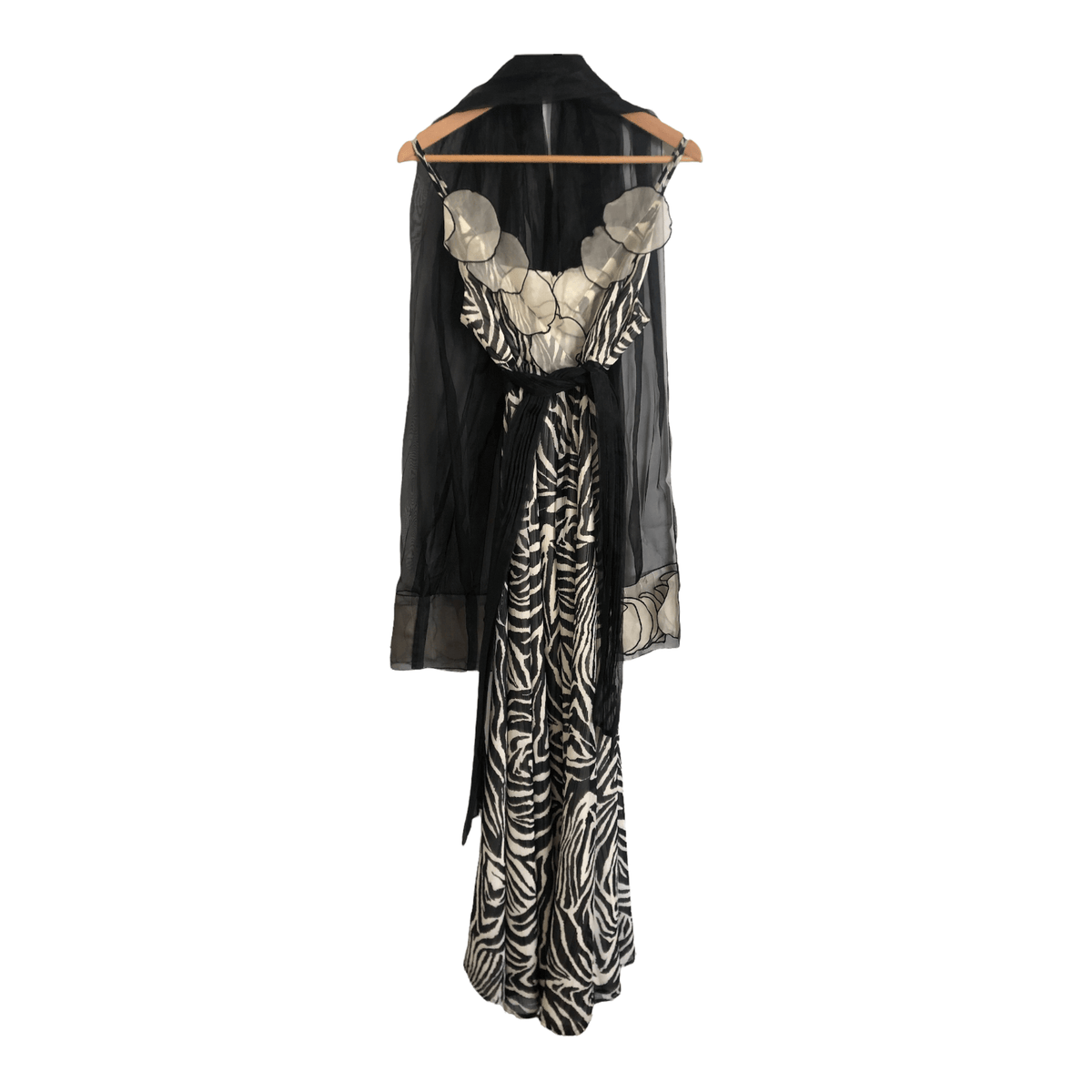 Oky-Coky 100% Silk Chiffon Sleeveless Maxi Dress w/ Sash & Shawl Black White Animal Print Size M - Ava & Iva