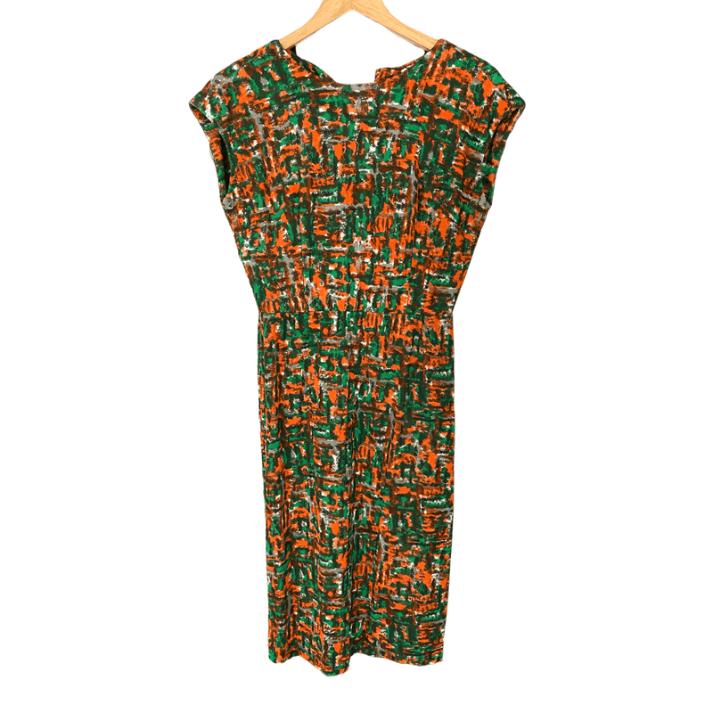 Jaeger Vintage 1960's Ban-Lon Sleeveless Dress Abstract Orange and Green Print UK Size 10 - Ava & Iva