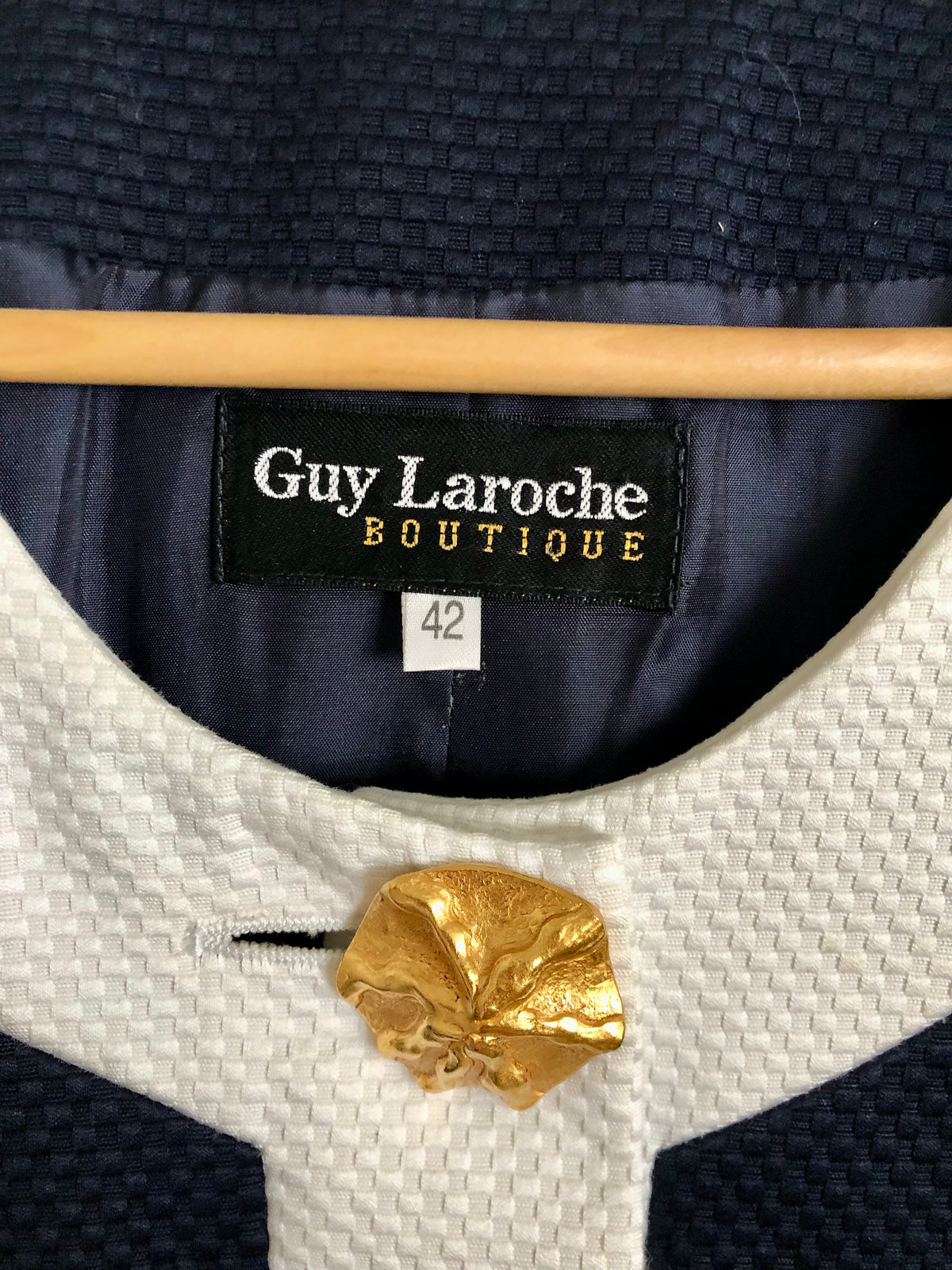 Guy Laroche Boutique Vintage 100% Cotton 7/8 Sleeve Day Evening Jacket Navy Blue White UK Size 14 - Ava & Iva