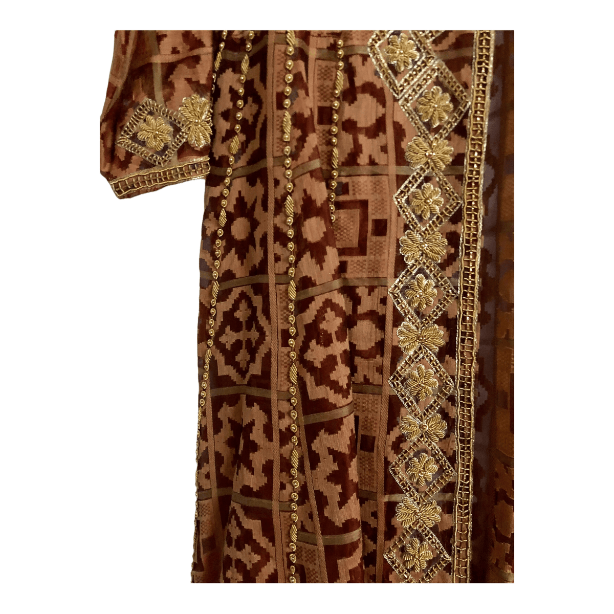 Unbranded Half Sleeve Embroidered Embellished Longline Evening Wedding Coat Coatigan Jacket Amber Brown Geometric Print UK Size 12-14 - Ava & Iva