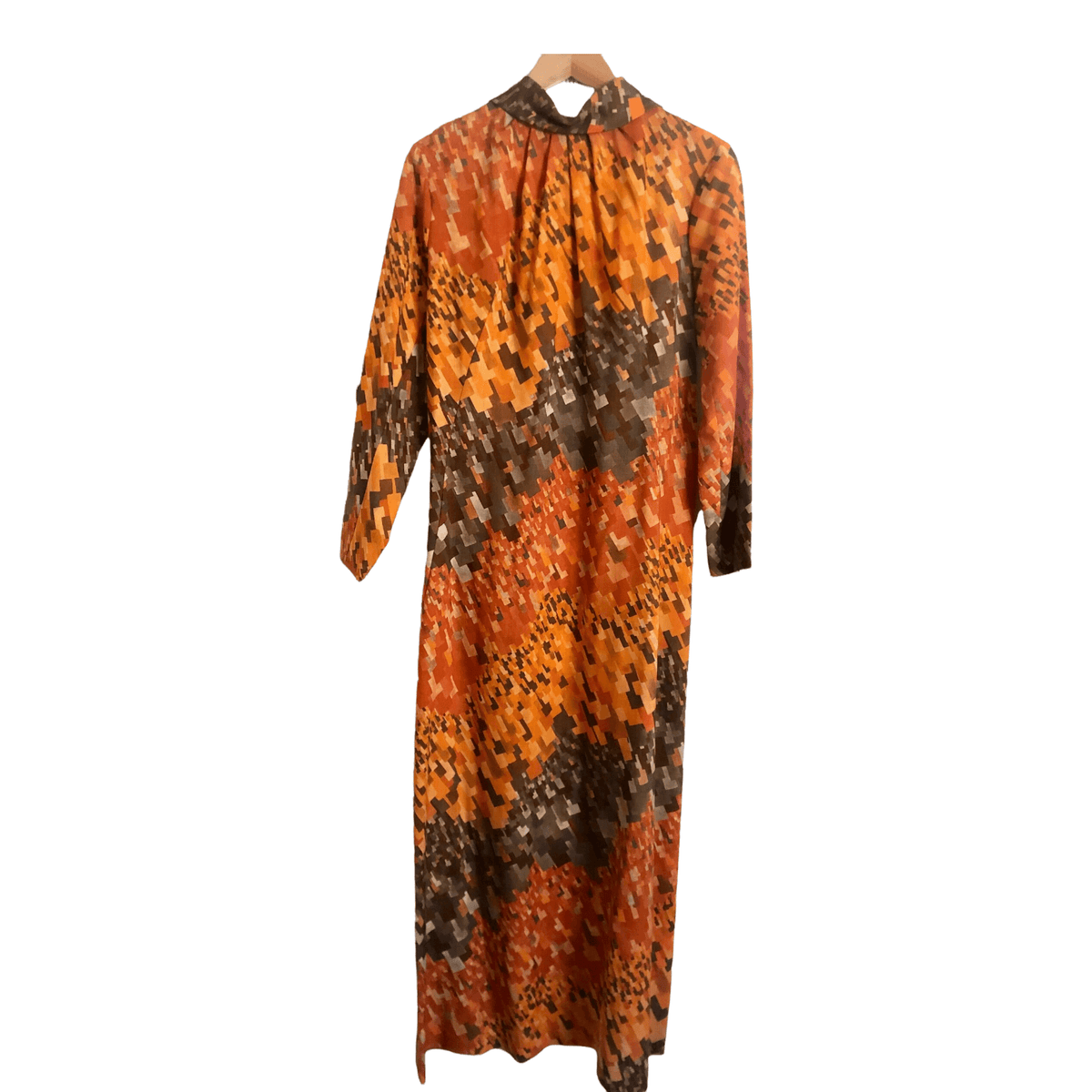 Vintage Jean Allen London Est. 100% Cotton Long Sleeve Maxi Tunic Dress Orange Grey Multi Geometric Print UK Size 10-12 - Ava & Iva