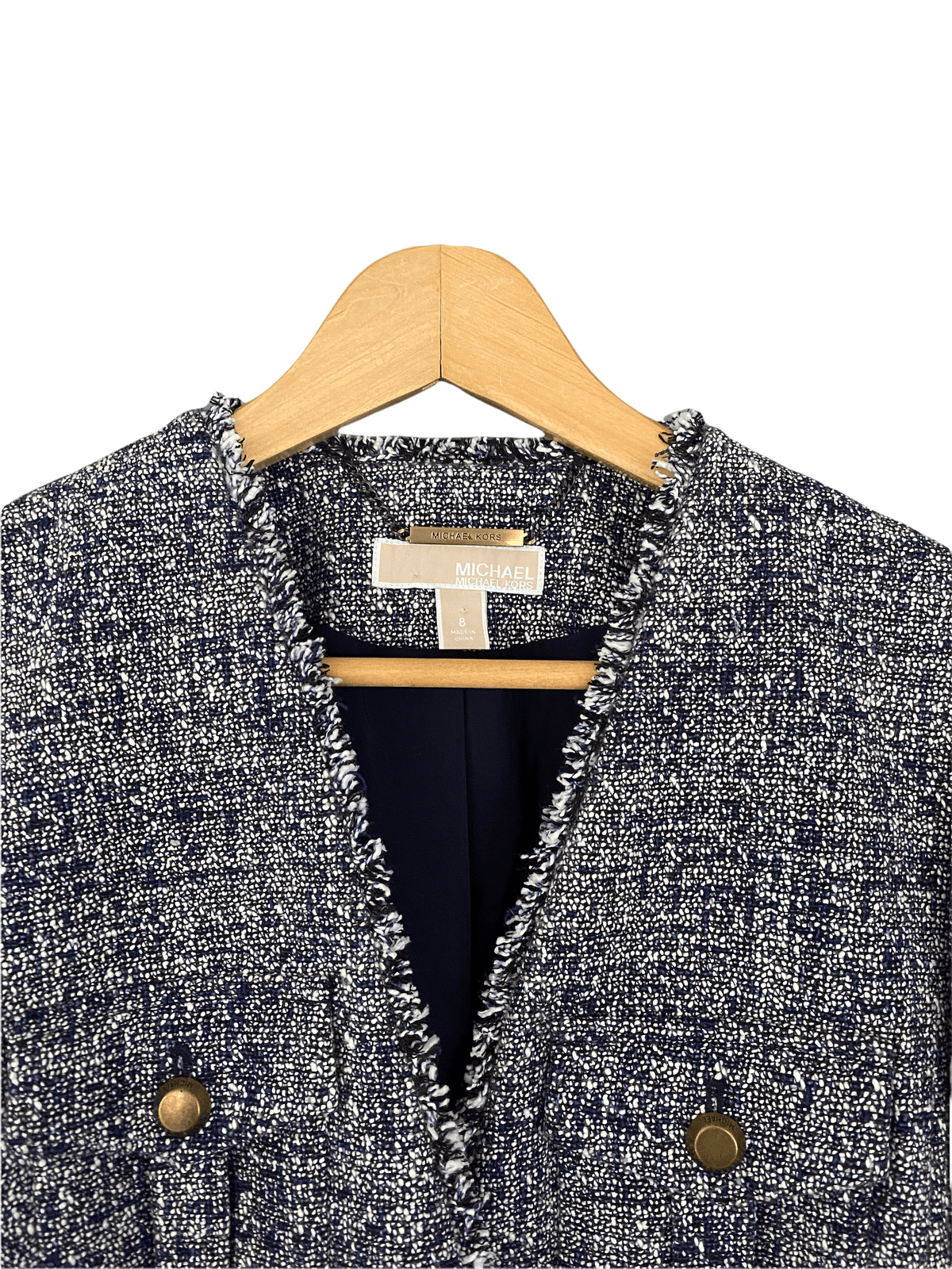 Michael Kors Blue Boucle Style Blue Jacket with Brass Buttons US8 UK Size 12 - Ava & Iva