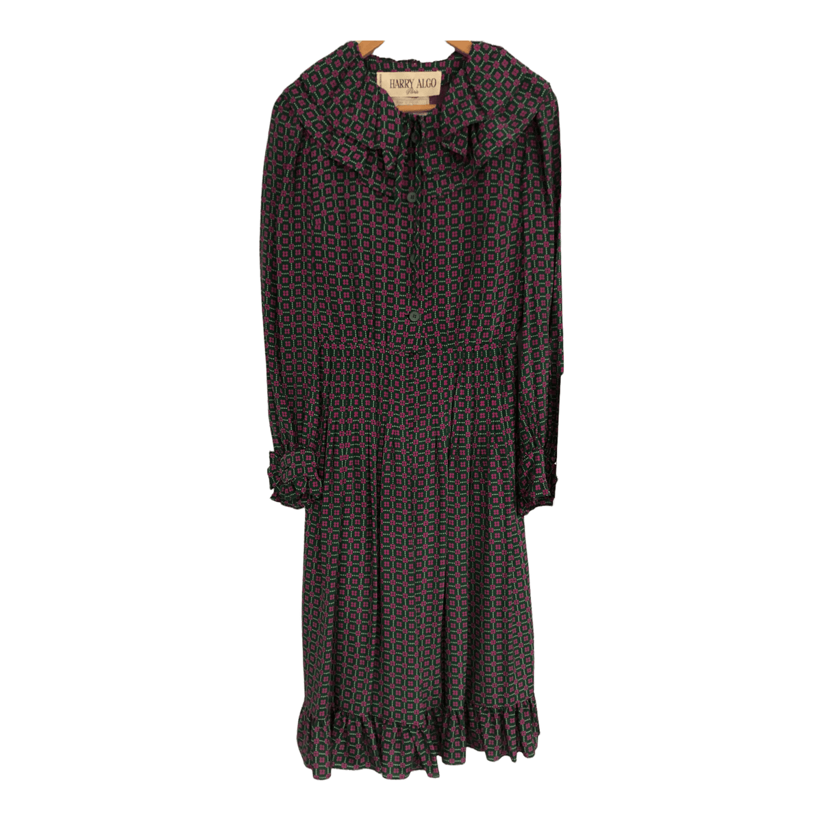 Vintage Harry Algo Paris for The White House London Vintage 100% Silk Long Sleeve Midi Dress Green Pink Circle Print UK Size 8-10 - Ava & Iva