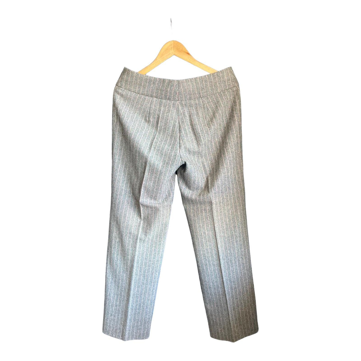 Crombie Wool Grey And Pink Pin Striped Trouser Suit Jacket UK Size 14 Trousers UK Size 12 - Ava & Iva