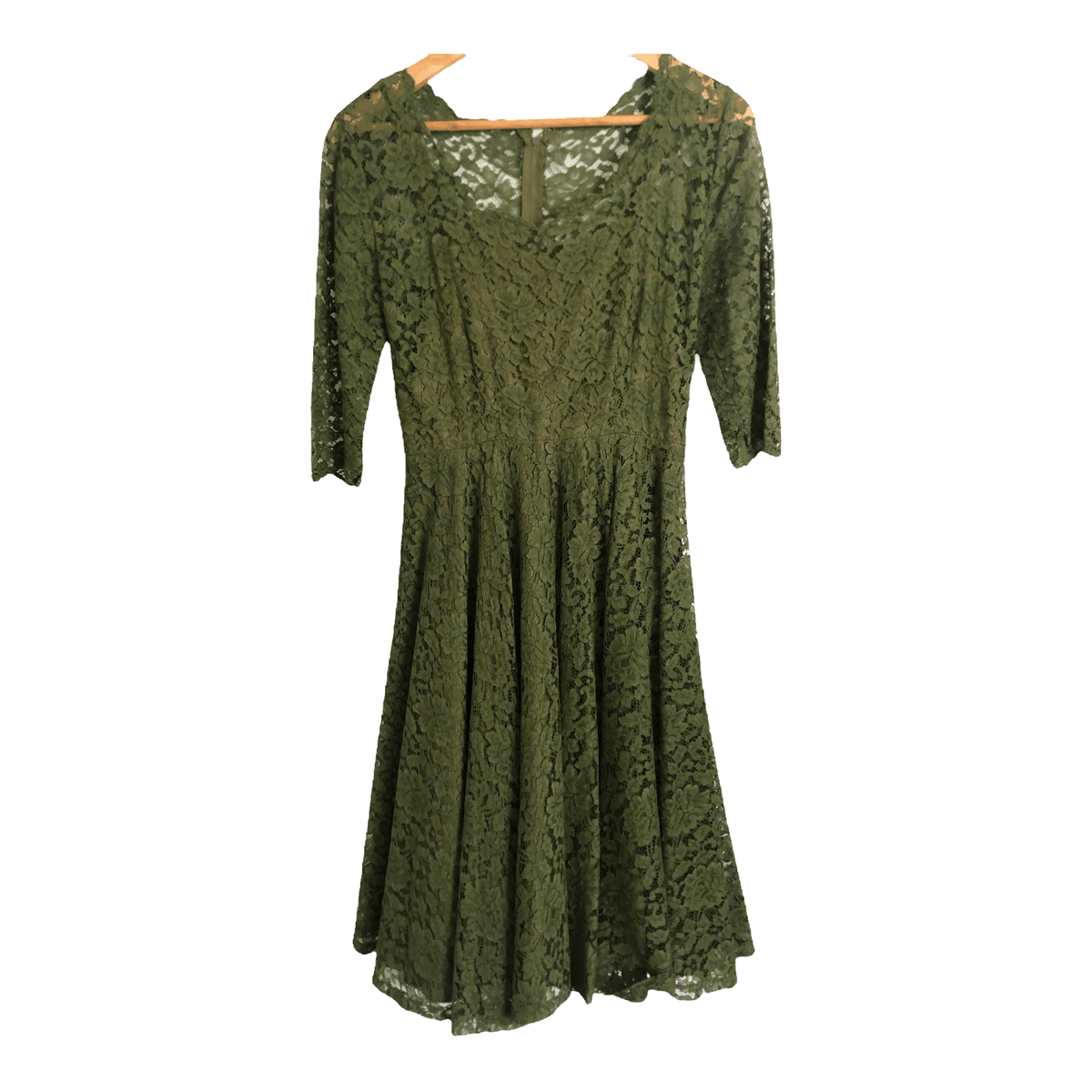 Unbranded Vintage Style 3/4 Sleeve Lace Guipure Midi Dress w/Satin Slip Olive Green S UK Size 8-10 - Ava & Iva