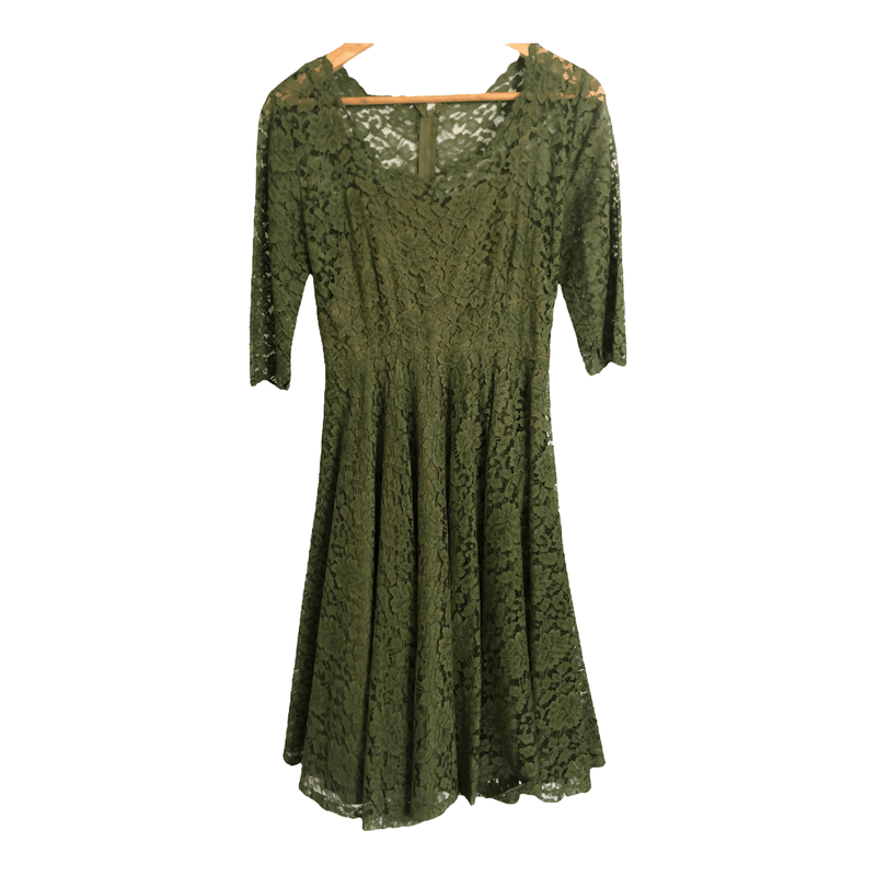 Unbranded Vintage Style 3/4 Sleeve Lace Guipure Midi Dress w/Satin Slip Olive Green S UK Size 8-10 - Ava & Iva