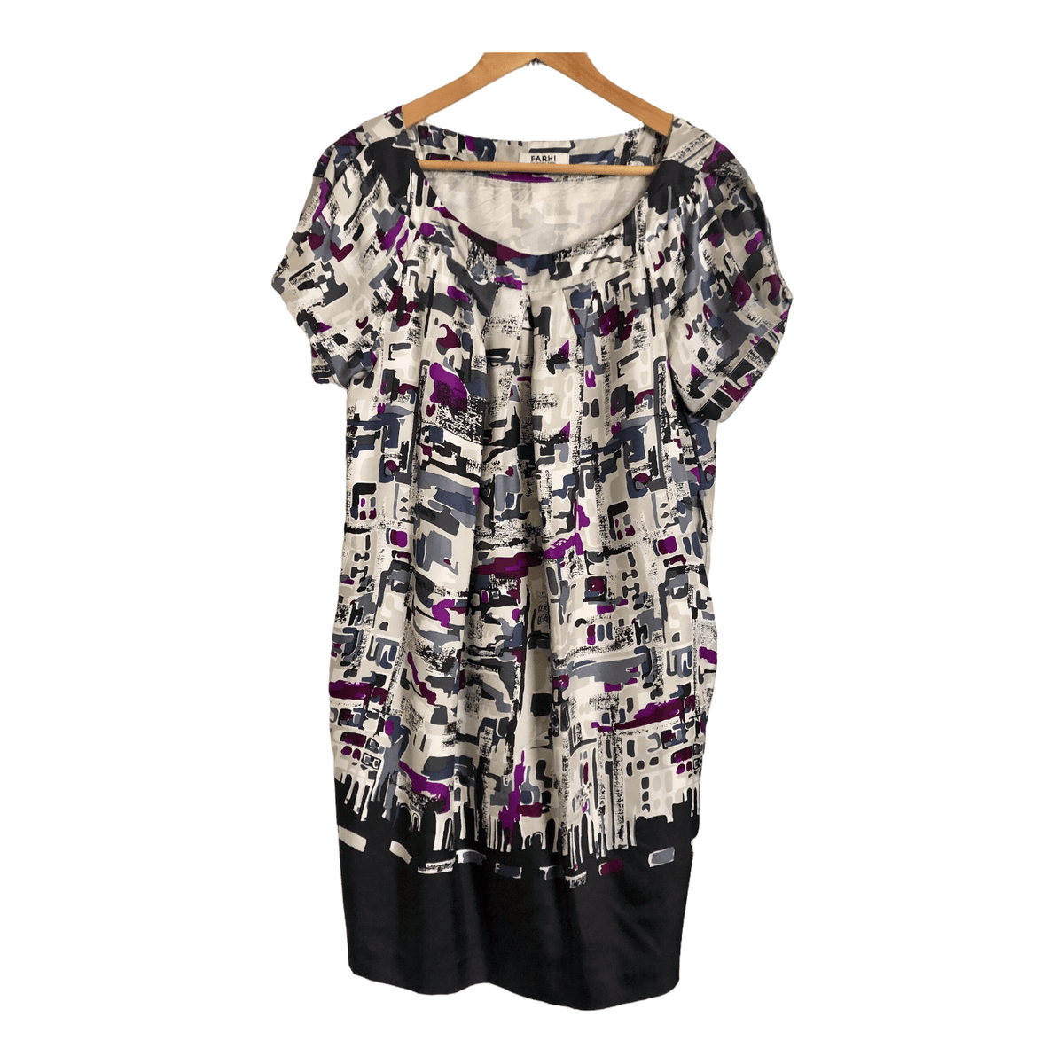 Farhi by Nicole Farhi 100% Silk Short Sleeve Shift Dress Blue Grey / Multicoloured Block Print Size UK12 - Ava & Iva