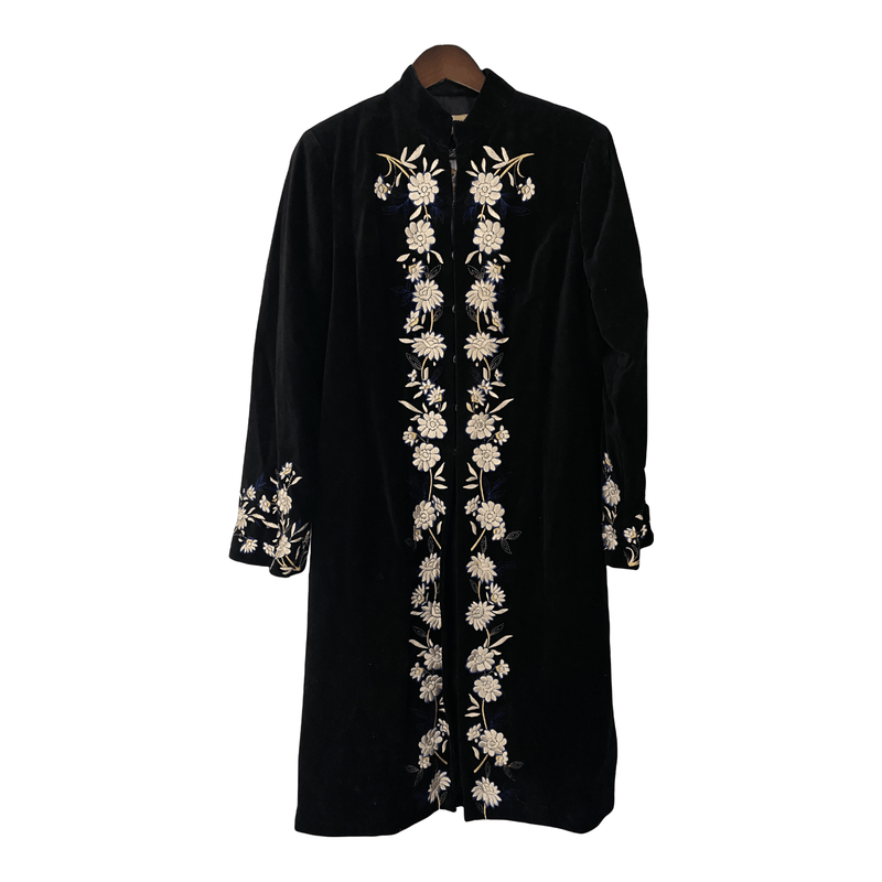 Laura Ashley Full Length Black Velvet Coat with Embroidered Flowers UK Size 12 - Ava & Iva