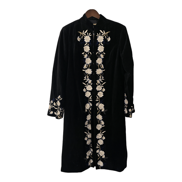 Laura Ashley Full Length Black Velvet Coat with Embroidered Flowers UK Ava Iva
