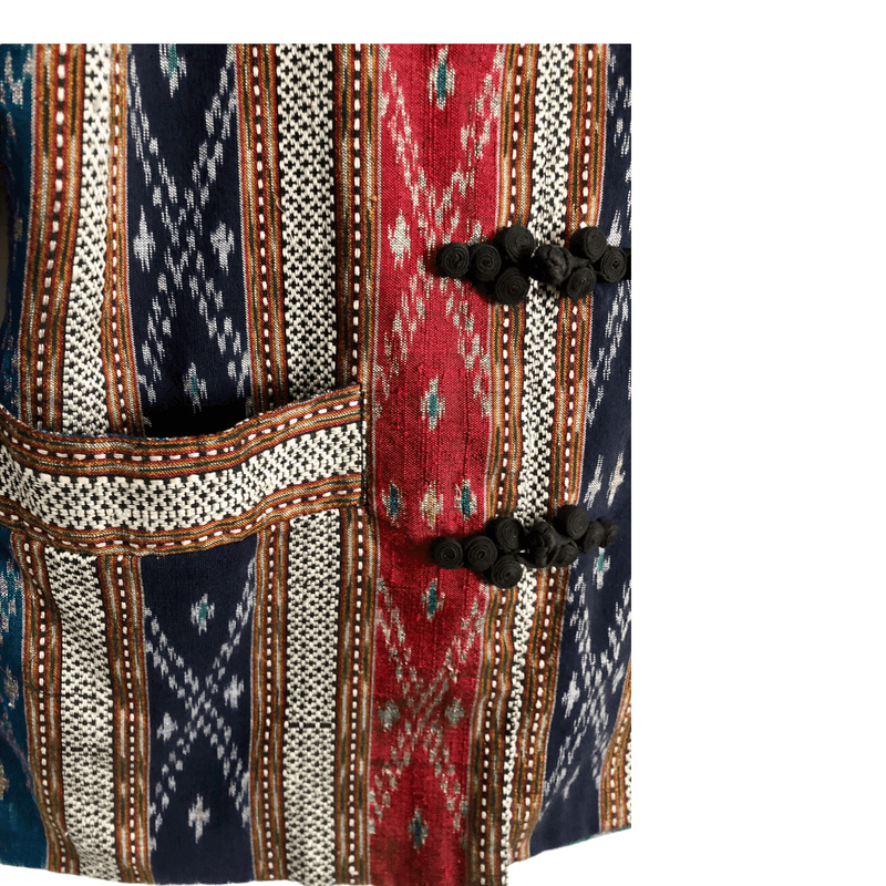 Unbranded 100% Thai Silk Oriental Ethnic Boho Festival Evening Jacket Blue Multi Geometric Print UK Size M/L - Ava & Iva