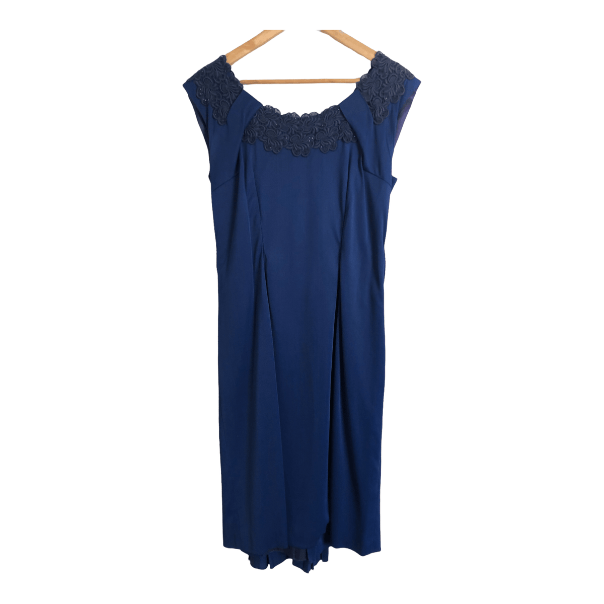 Elanjay Vintage Est. Polyester Cap Sleeve Evening Cocktail Midi Dress Navy Blue Embellished UK Size 14-16 - Ava & Iva