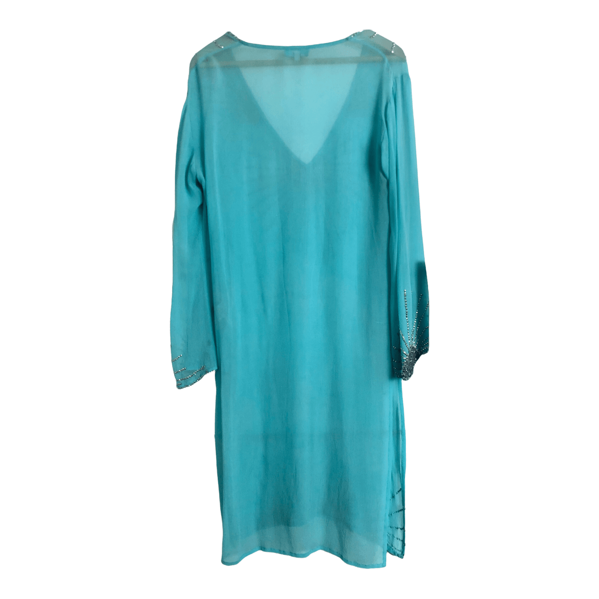Papillon Bleu 100% Silk Long Sleeved Kaftan Dress Light Blue Sequinned Size M - Ava & Iva