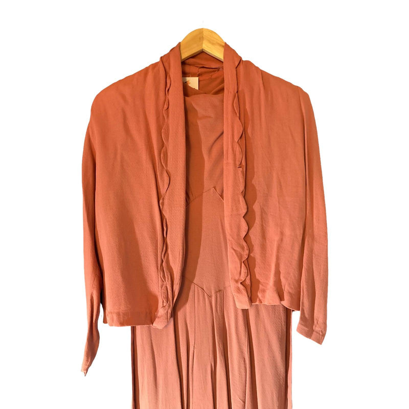 Vintage Peach Short Sleeved Dress with Matching long Sleeved Jacket UK Size 10 - Ava & Iva