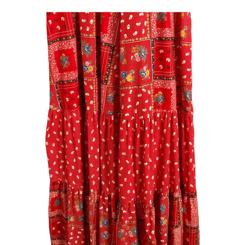 Vintage Unbranded 100% Cotton Short Puff Sleeve Boho Festival Tiered Maxi Dress Red Multi Patchwork Print M UK Size 10-12 - Ava & Iva