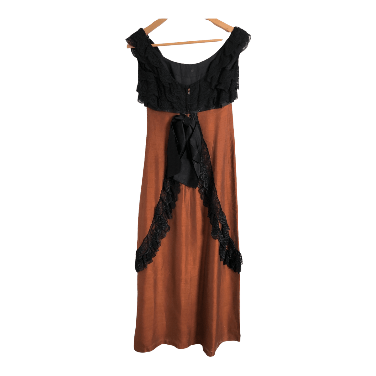 Renee Meneely Belfast Designer Vintage 50s Silk Sleeveless Evening Maxi Dress Gown Bronze w/ Black Lace S UK Size 6-8 - Ava & Iva