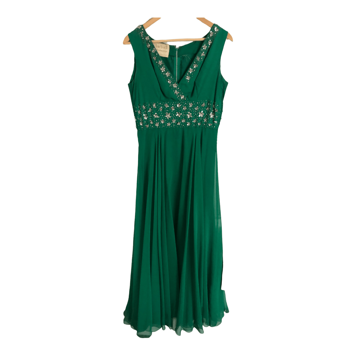 Global Vintage 100% Silk Sleeveless Beaded Maxi Cocktail Dress Emerald Green UK Size 10 - Ava & Iva