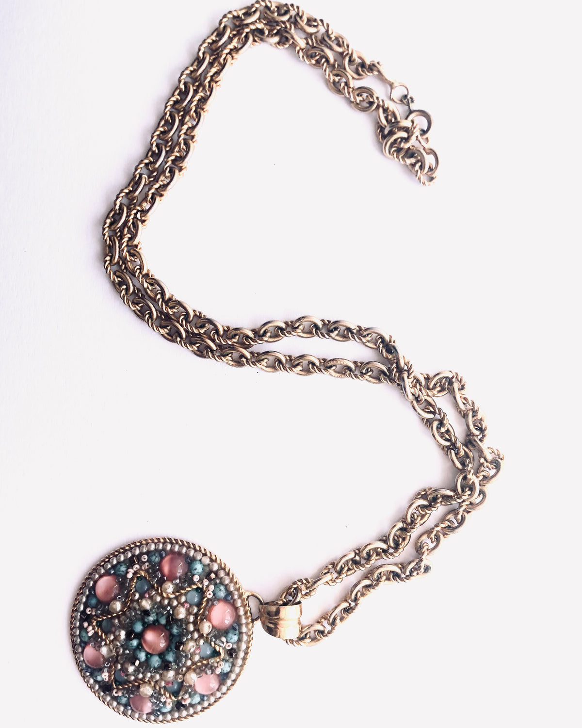 Vintage Gold Tone Single Strand Long Cable Chain Necklace w/ Large Pink and Grey-Blue Beaded Circular Pendant - Ava & Iva