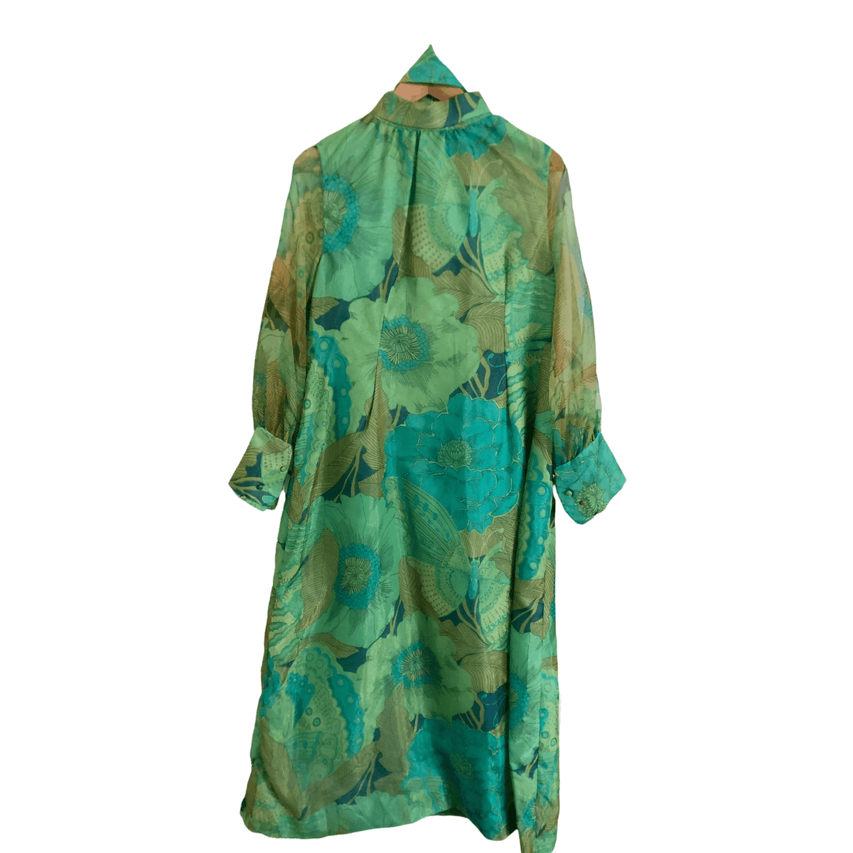 Vintage 70s Unbranded Chiffon Long Sleeve A-line Belted Maxi Dress Teal Blue Acid Green Floral Print UK Size 14 - Ava & Iva