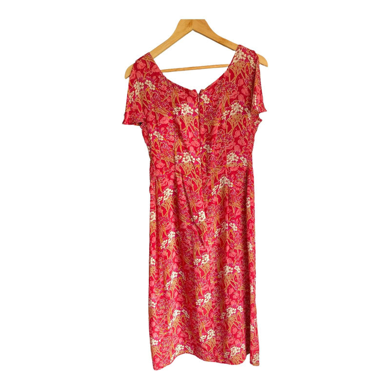 Kata Wildman Silk Raspberry Patterned Capped Sleeved Dress UK Size 12 - Ava & Iva