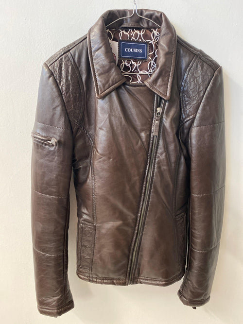 Cousins Brown Leather Biker Style Jacket Padded UK Size 10 - Ava & Iva