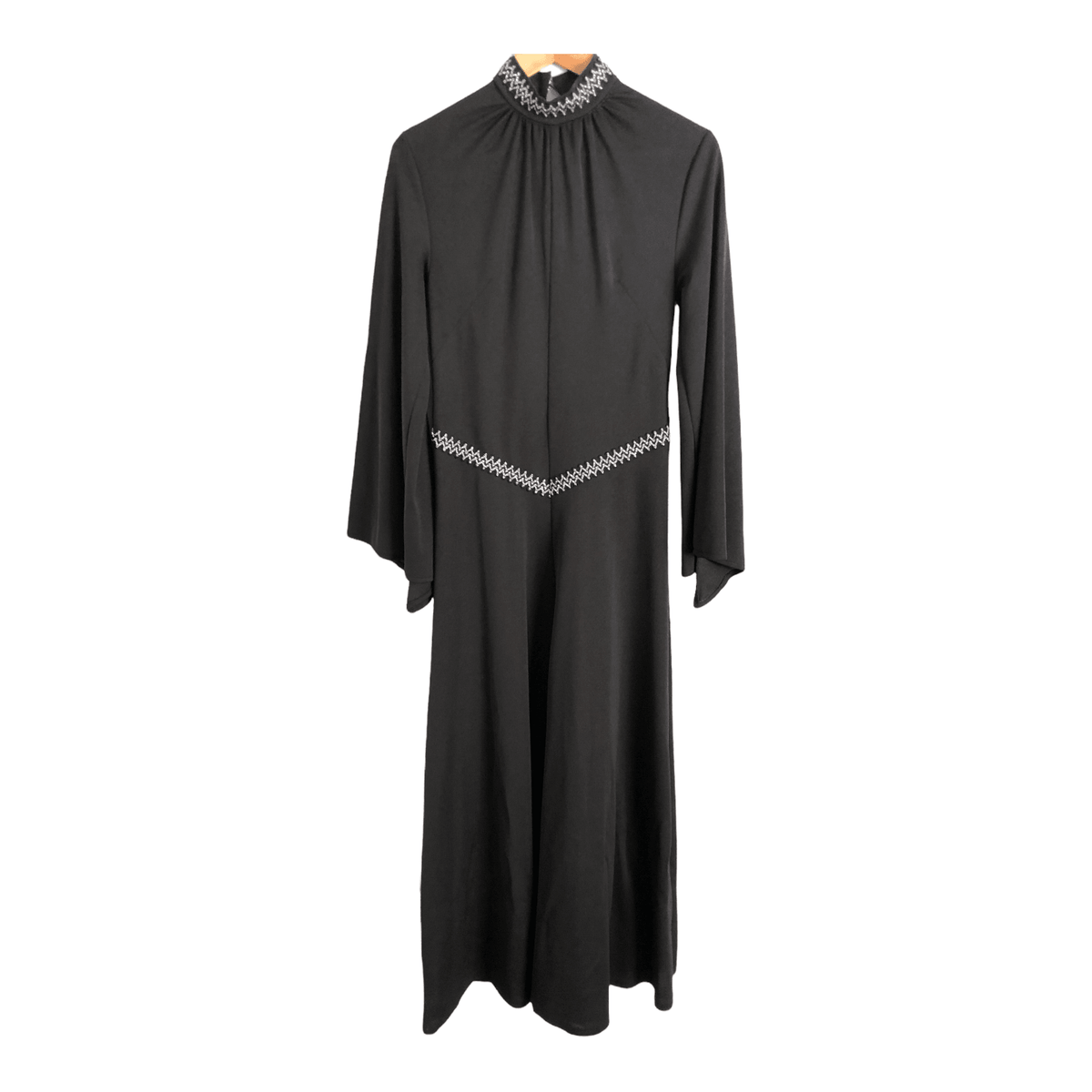 Unbranded Vintage Crimpolene Long Trumpet Sleeve Evening Gown Maxi Dress Black Silver Metallic Trim UK Size 8-10 - Ava & Iva