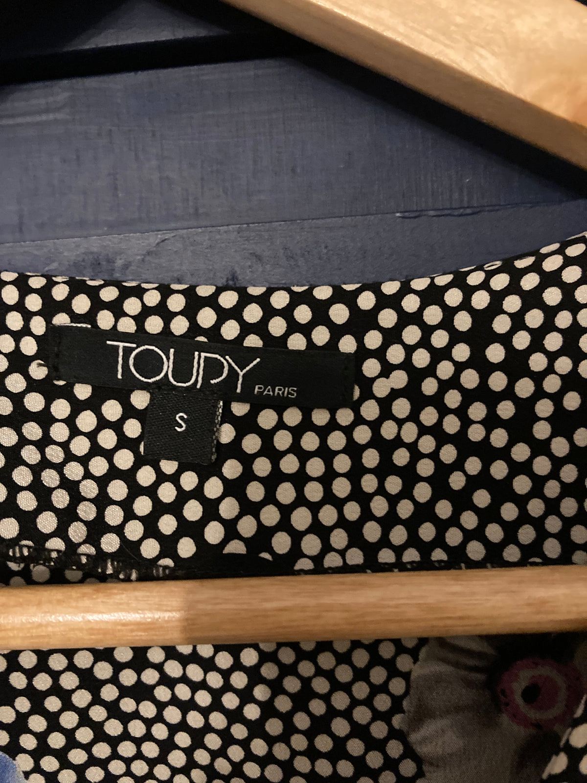 Toudy Silk Black/White Spotty with Floral Pattern Sleeveless Dress UK Size Small - Ava & Iva