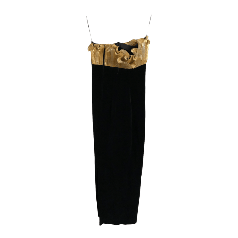 John Charles Vintage Sleeveless Strapless Evening Gown Black Velvet w/ Gold Ruffle Neck UK Size 10 - Ava & Iva