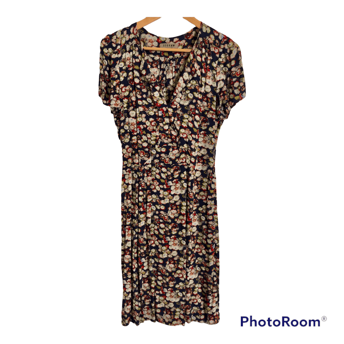 Jigsaw 100% Viscose Short Sleeve Summer Dress Navy Blue / Multicoloured Floral Print UK Size 10 - Ava & Iva