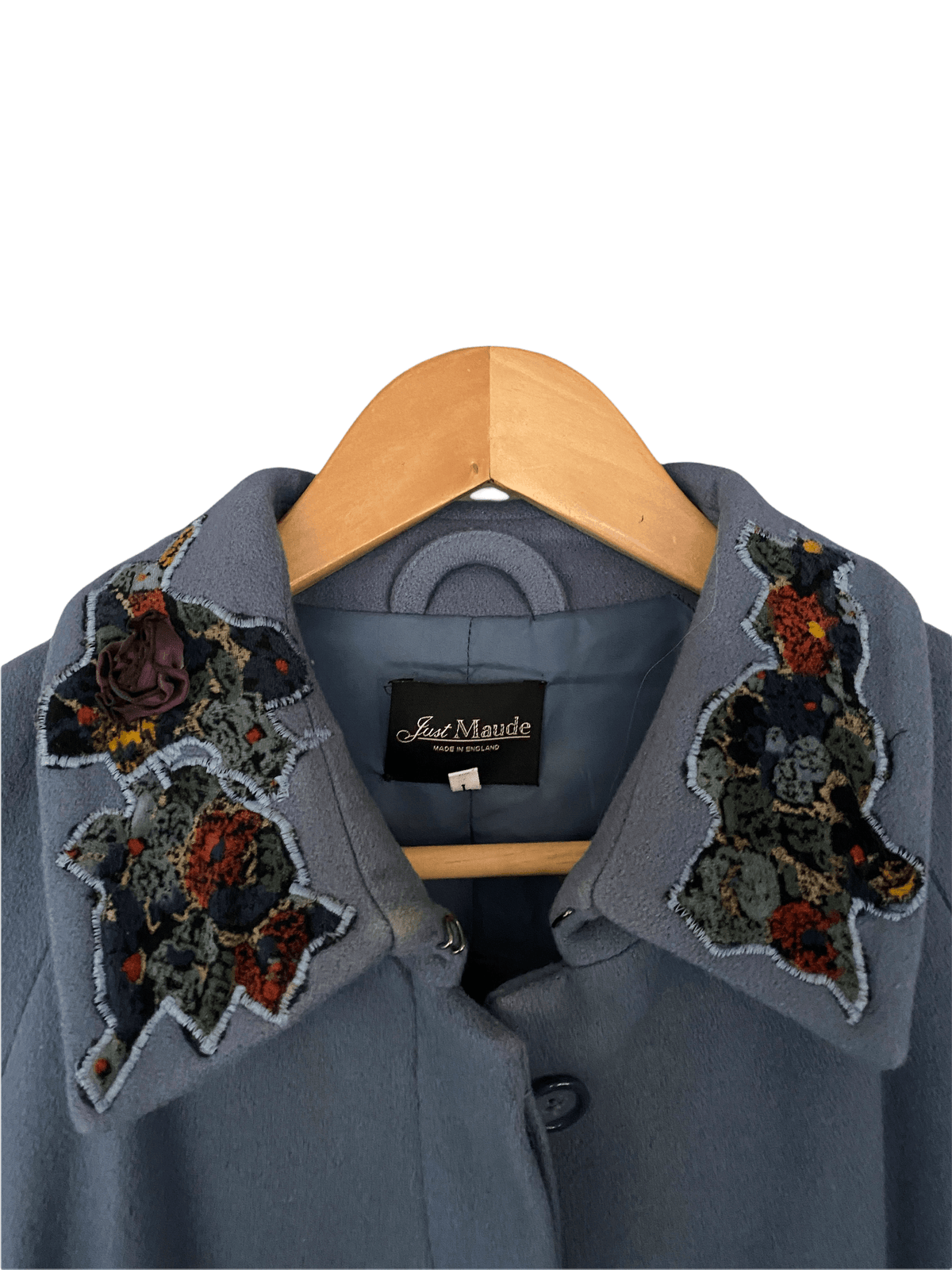 Just Maude Wool Mix Coat Teal with Applied Patches.  SIze L (16) - Ava & Iva