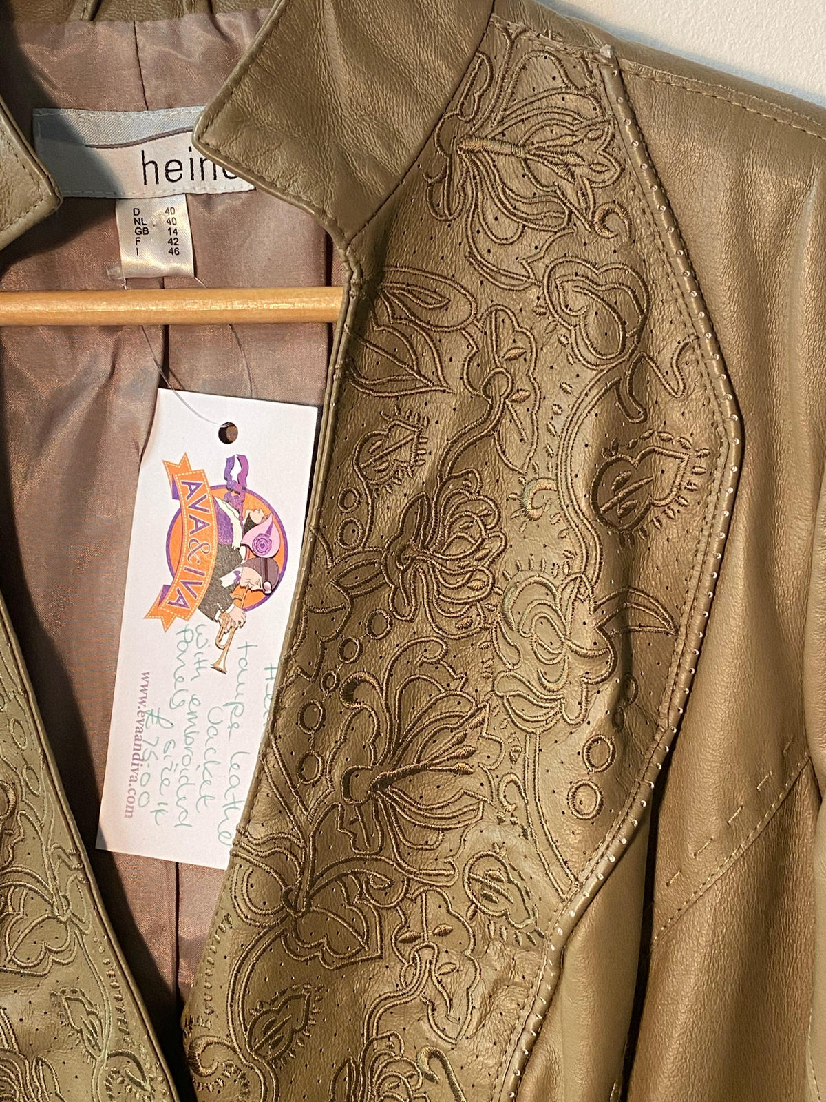 Heine Leather Jacket with Embroidered Panels & Pockets Taupe UK Size 14 - Ava & Iva