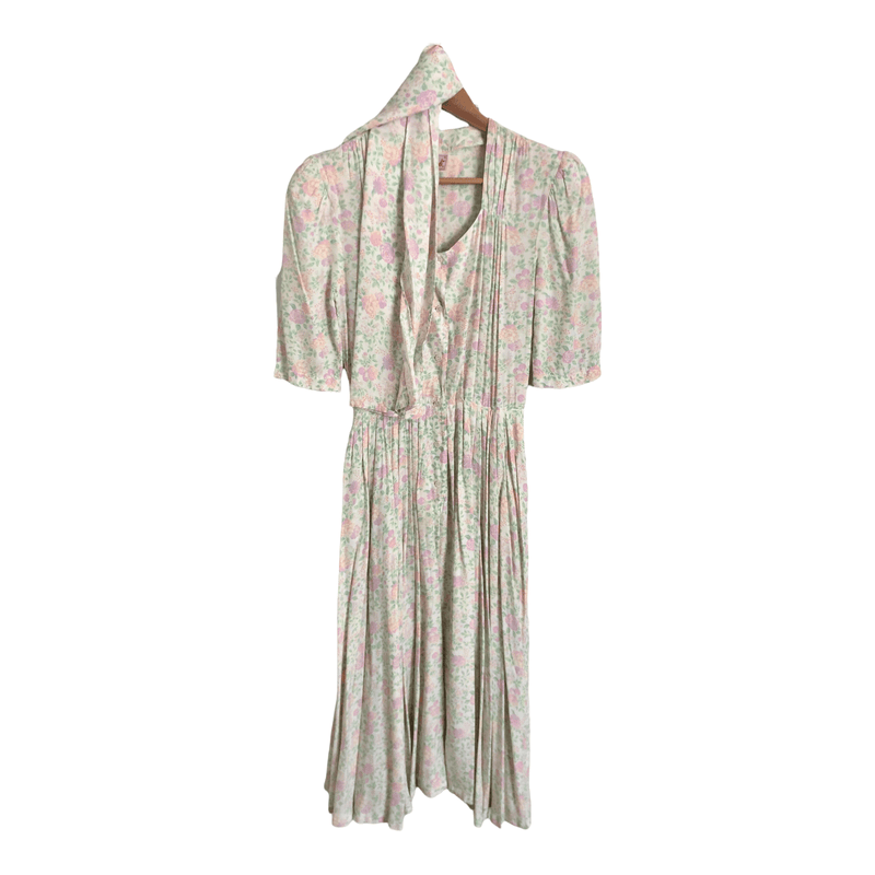 Vintage Mondi 100% Viscose Half Sleeve Maxi Dress w/ Belt Sash Cream Pink Floral Print UK Size 6-8 - Ava & Iva