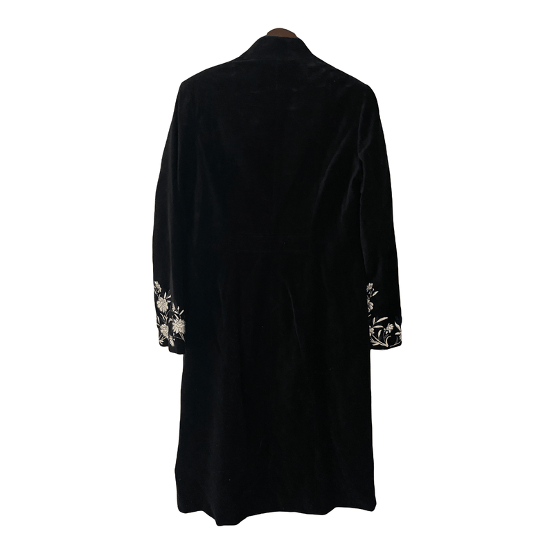 Laura Ashley Full Length Black Velvet Coat with Embroidered Flowers UK Size 12 - Ava & Iva