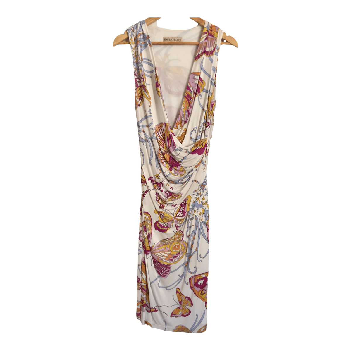 Emilio Pucci 100% Viscose Sleeveless Designer Midi Dress White Pink Multi Butterfly Print UK Size 12 - Ava & Iva
