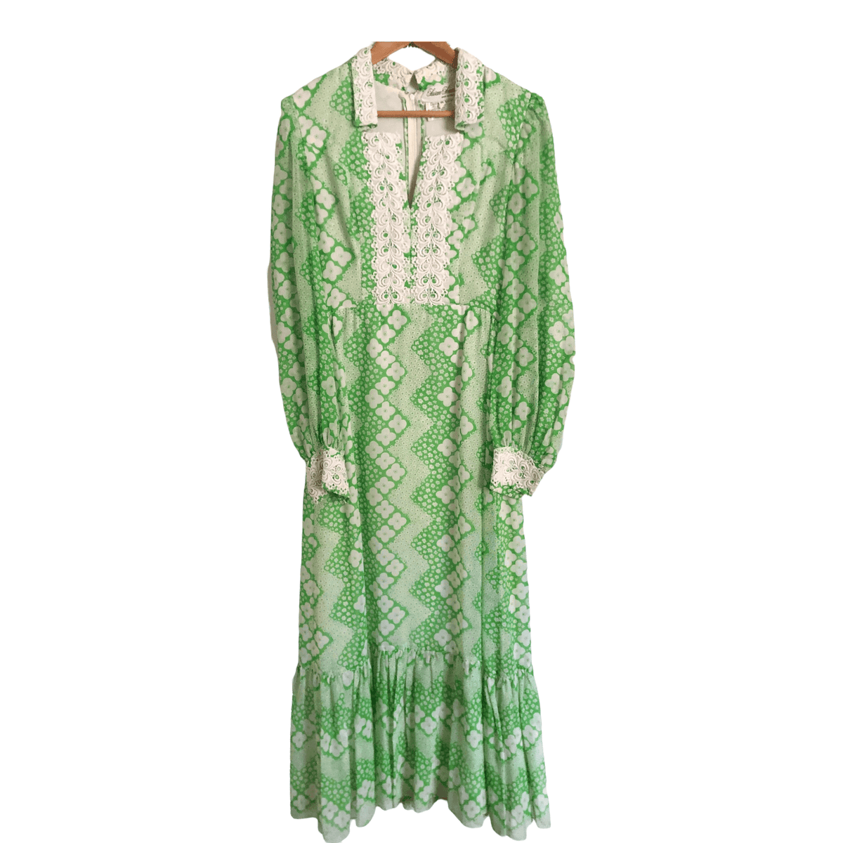 Susan Small Vintage Cotton Long Sleeve Maxi Shirt Dress Lime Green w/ White Lace Floral Print UK Size 10-12 - Ava & Iva