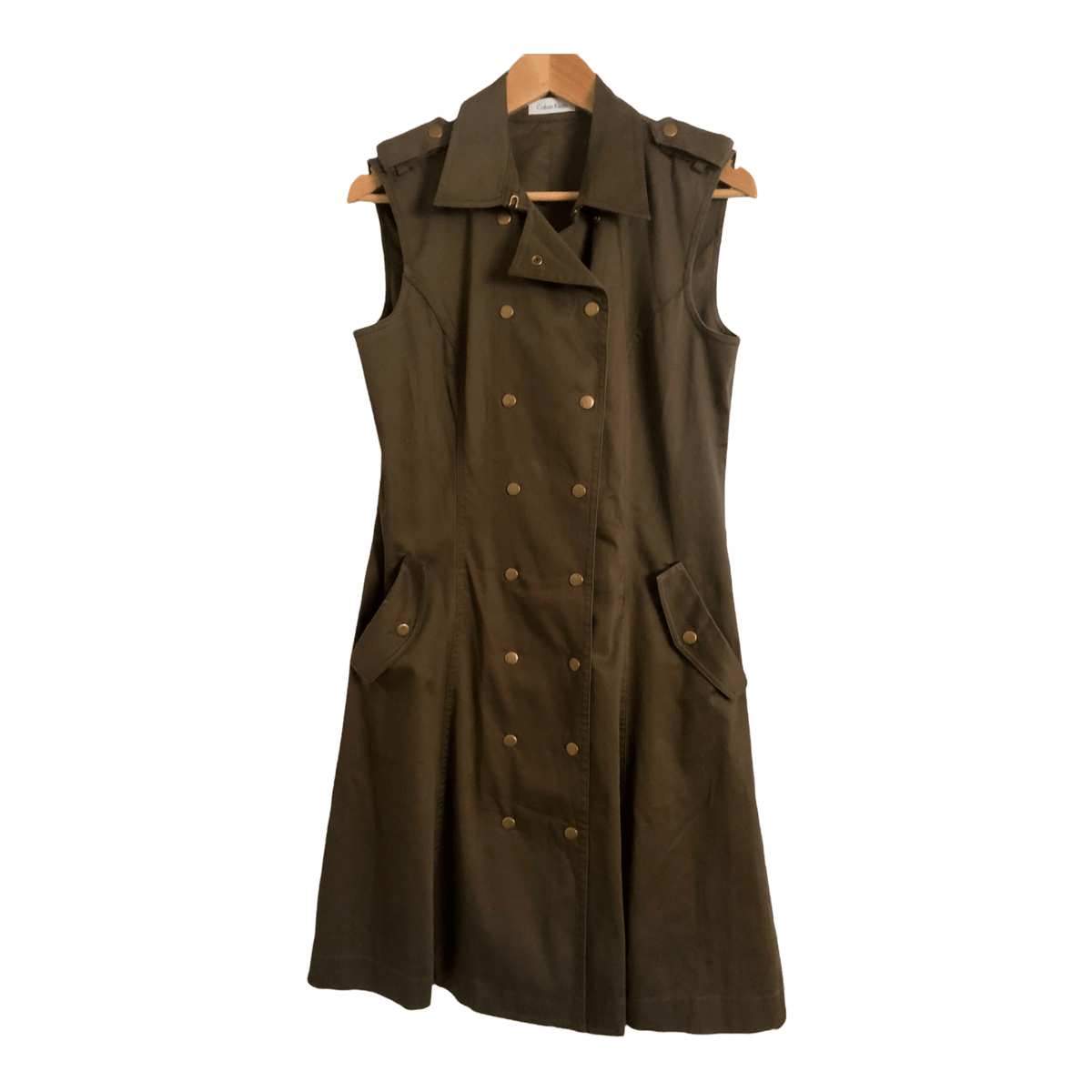 Calvin Klein Cotton Sleeveless Trench Midi Dress Khaki Green UK Size 8 - Ava & Iva